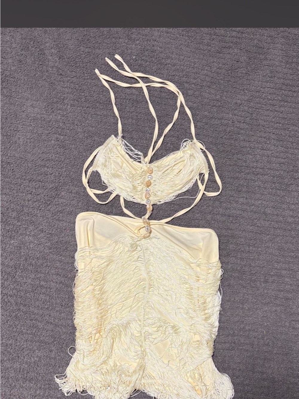 Cream Fringe Halter Mini Dress with Beaded Detail